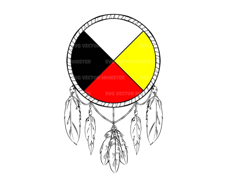 Puede incluir: Una ilustraci&oacute;n en blanco y negro de una rueda de medicina nativa americana con cuatro secciones de color rojo, amarillo, negro y blanco. La rueda est&aacute; colgada de una cuerda con plumas adjuntas.