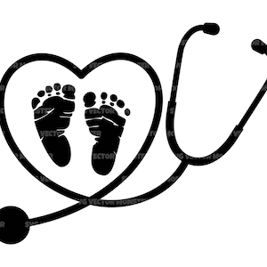 Babyvoetafdruk in hartstethoscoop Svg, arbeid en bevalling verpleegkundige Svg. Vector gesneden bestand Cricut, silhouet, Pdf Png Dxf, Sticker, stencil.