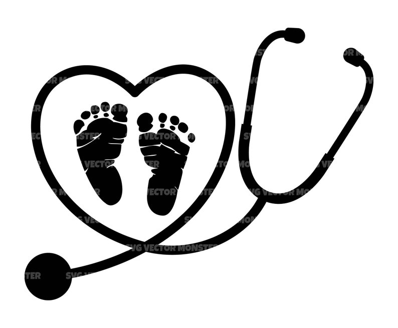 Baby Footprint in Heart Stethoscope Svg, Labor and Delivery Nurse Svg. Vector Cut file Cricut, Silhouette, Pdf Png Dxf, Sticker, Stencil. image 1