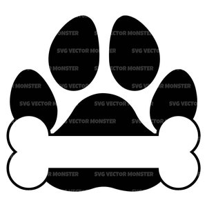 Hond Paw Print Svg, Bone Svg, Paw Print Monogram, Naam Frame. Vector gesneden bestand Cricut, silhouet, Png Dxf Pdf, stencil, sticker, vinyl.