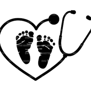 Huella de bebé Svg, Estetoscopio cardíaco Svg, Enfermera de parto y parto Svg. Archivo de corte vectorial Cricut, Silueta, Pdf Png Dxf, Pegatina, Plantilla.