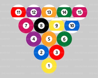 May include: A triangular rack of fifteen colorful billiard balls arranged in numerical order from one to fifteen. The balls feature distinct solid and striped patterns in red, purple, orange, green, pink, black, yellow, and blue colors.