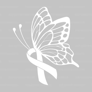 Ruban blanc papillon Svg, sensibilisation au cancer du poumon, lutte contre le cancer, guerrier. Fichier de coupe vectorielle Cricut, Silhouette, Pdf Png Dxf, autocollant, vinyle.