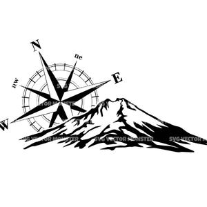 May include: A black and white graphic illustration featuring a mountain silhouette positioned in front of a compass rose. The compass includes directional letters N, ne, E, W, and nw. The design is composed of sharp, high-contrast lines.