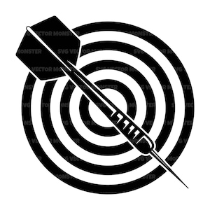 Puede incluir: Gráfico en blanco y negro de un dardo que golpea una diana. El dardo está inclinado hacia el centro del objetivo. El objetivo tiene círculos concéntricos. Las palabras "VECTOR MONSTER" son visibles.
