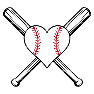 Baseball Heart Svg, Baseball Love Svg, Monogramma di baseball, Mazze da baseball incrociate. File di taglio vettoriale per Cricut, Silhouette, Pdf Png Eps Dxf.