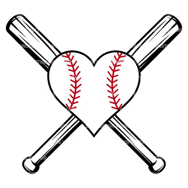 Baseball Heart Svg, Baseball Love Svg, Baseball Monogram, Crossed Baseball Bats. Vector Cut file for Cricut, Silhouette, Pdf Png Eps Dxf.