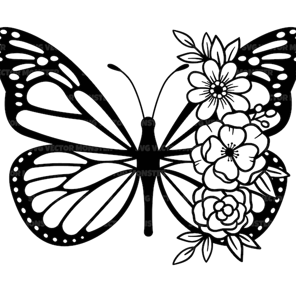 Floral Butterfly Svg, Flower Butterfly Svg, Monarch Butterfly. Vector Cut file Cricut, Silhouette, Pdf Png Dxf, Decal, Sticker, Vinyl, Pin.