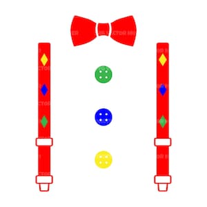 Bretelle da clown in formato SVG, Papillon da clown in formato SVG, Tutina per neonati in formato SVG, Primo compleanno. File vettoriale di taglio Cricut, Silhouette, PDF, PNG, DXF.