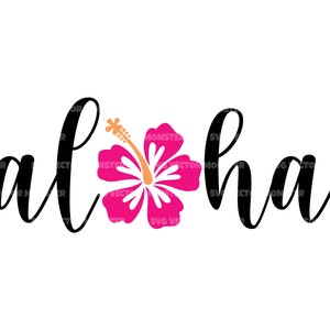 Könnte beinhalten: Aloha mit einer rosa Hibiskusblüte in der Mitte des Wortes.