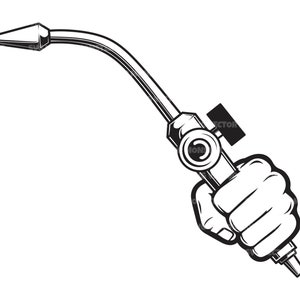 May include: A black and white illustration of a hand holding a welding torch. The torch has a long, curved handle and a nozzle at the end.
