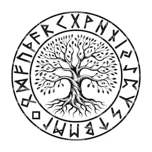 May include: A circular black and white graphic design featuring a detailed tree with spreading branches and roots at the center. The tree is enclosed within a thick circular border containing a sequence of angular runic characters around the perimeter.