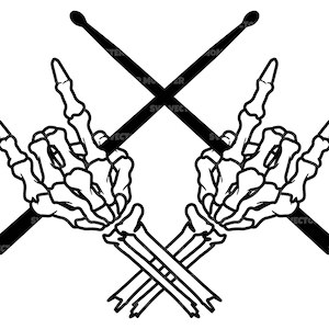 Cuernos de roca esqueleto SVG, baquetas cruzadas SVG, baterista SVG, cuernos del diablo. Archivo de corte vectorial Cricut, Silueta, Pdf Png Dxf, Calcomanía, Pegatina.