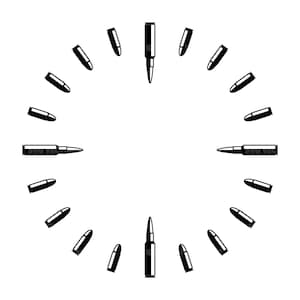May include: A black and white graphic of bullets arranged in a circular pattern. The bullets are of varying sizes and orientations, with some standing upright and others lying horizontally. The design is set against a plain white background.