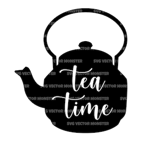 May include: Black silhouette of a teapot with the text "tea time" written in white cursive lettering.