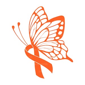 May include: An orange butterfly graphic with detailed wing patterns and a ribbon. The butterfly is a symbol of hope and transformation, often used in awareness campaigns. The design is set against a clean white background.