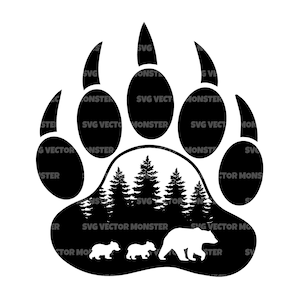 Mama Bear Svg en Cubs in Forest Svg, Bear Paw Print, Bear Family Svg. Vector gesneden bestand Cricut, silhouet, Pdf Png Eps Dxf, sticker, stencil.