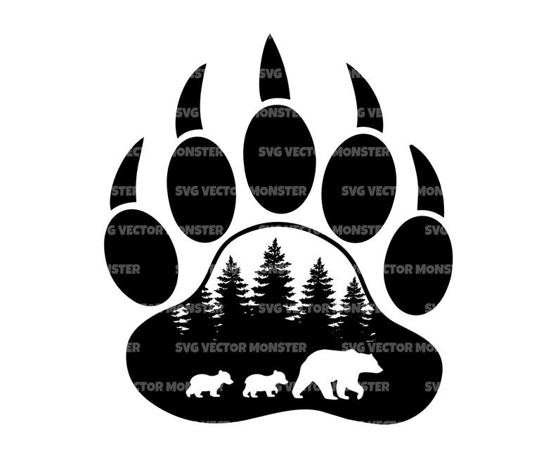 May include: Black and white silhouette of a bear paw print with a forest scene inside. Three small bears and a larger bear are walking through the trees.