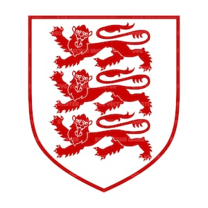 Könnte beinhalten: Ein weißes Schild mit rotem Rand, das drei rote, schreitende Löwen zeigt. Jeder Löwe hat einen langen, eingerollten Schwanz und ist im heraldischen Stil dargestellt. Das Design ist ein klassisches Emblem.