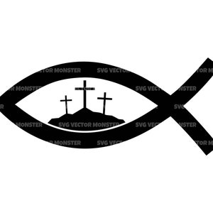 Christlicher Fisch SVG, Kalvarienberg Kreuze SVG, Jesus Fisch, Gott Fisch, Kruzifix. Vektor Cut Datei Silhouette, Cricut, Pdf Eps Png Dxf, Stencil.