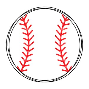 May include: A black and white outline of a baseball with red stitching.