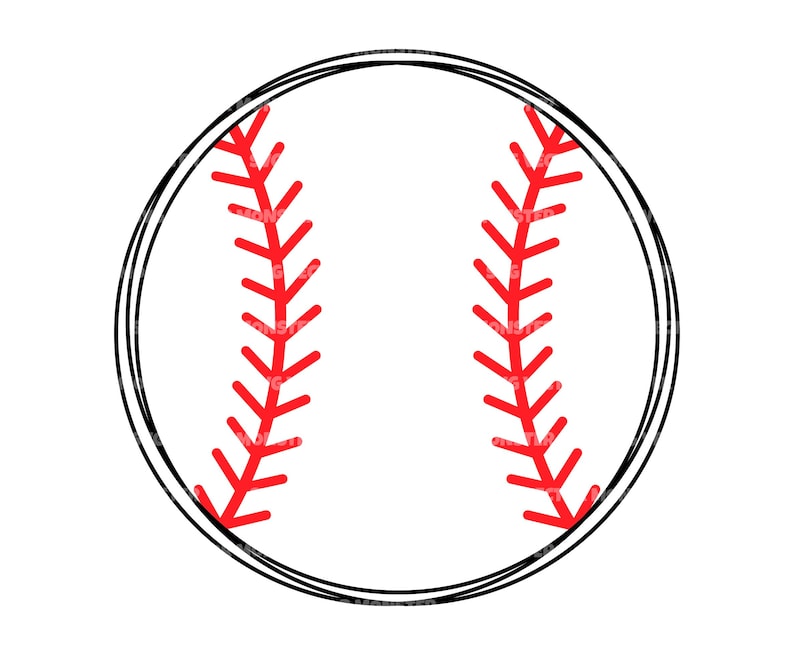 May include: A black and white outline of a baseball with red stitching.