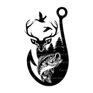 May include: Black and white illustration of a fishing hook featuring a deer, fish, ducks, and trees. The deer has large antlers, and the fish is leaping. The ducks are in flight, and the trees are silhouetted.