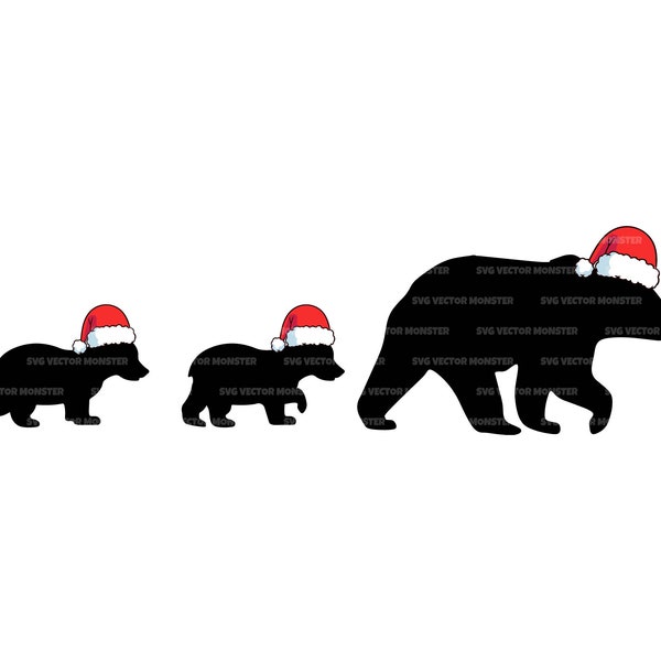 Christmas Mama Bear and Cubs Svg, Bear Family with Santa Claus Hat Svg. Vector Cut file Cricut, Silhouette, Pdf Png Eps Dxf, Decal, Sticker.