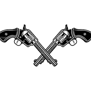 May include: A monochrome illustration featuring two revolvers, their barrels crossed. The guns are depicted with detailed triggers, hammers, and grips. The image has a vintage, Western theme.