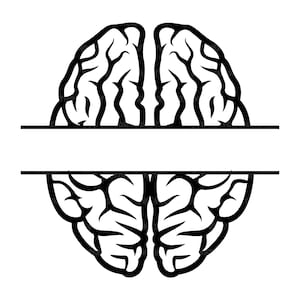 Peut inclure: Illustration en noir et blanc d'un cerveau divisé en deux parties par une ligne horizontale. La surface du cerveau est détaillée avec des lignes complexes, créant un aspect texturé. Le design est symétrique et adapté à diverses applications.