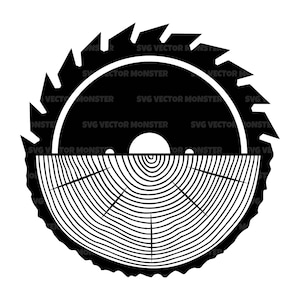 May include: Black and white illustration of a saw blade cutting through a log. The saw blade is circular with sharp teeth and the log has concentric rings.