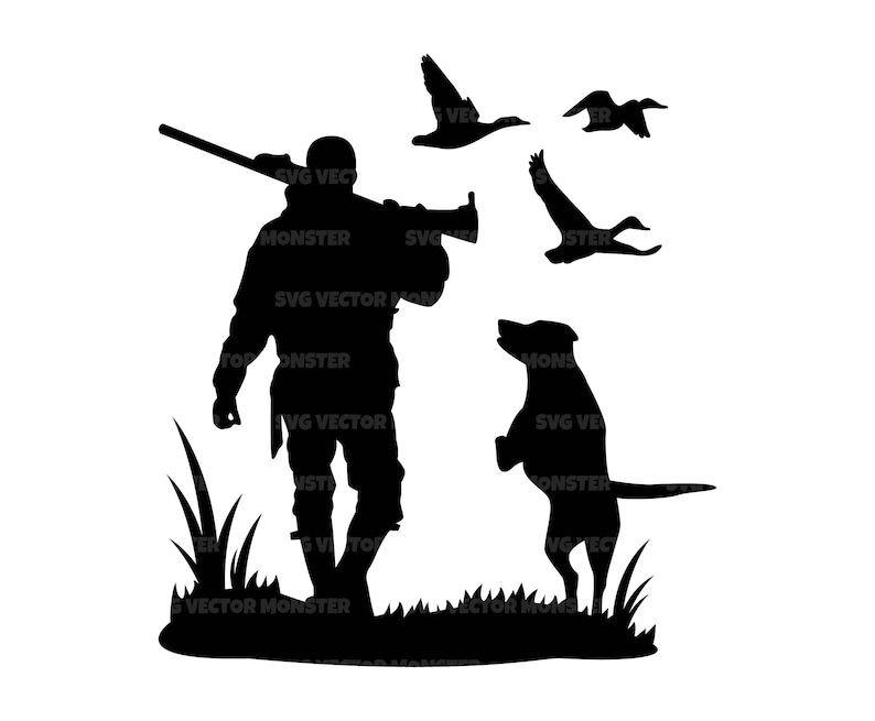 May include: Black silhouette of a hunter with a shotgun, a dog, and three ducks flying overhead. The hunter is wearing a jacket and pants. The dog is standing on its hind legs. The ducks are flying in a V formation.