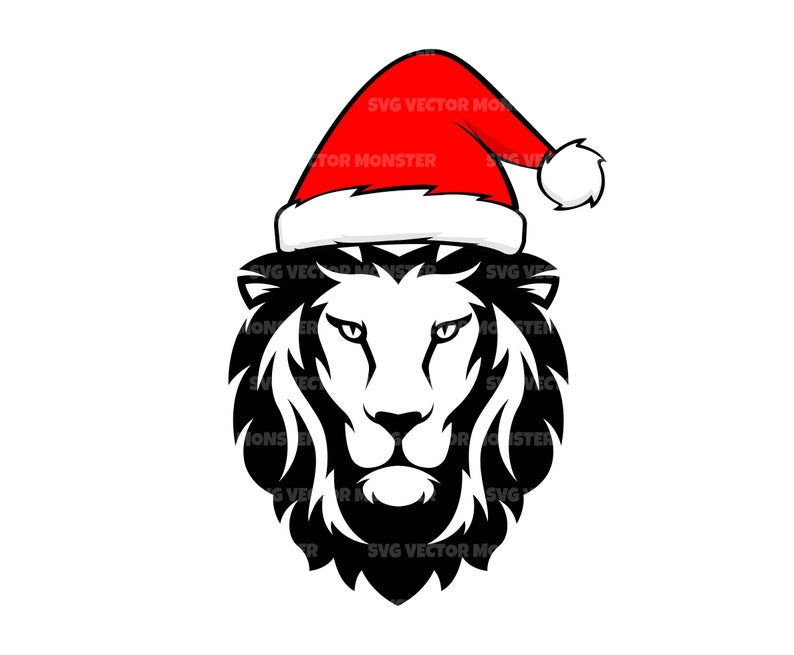 Lion with Santa Hat Svg, Christmas Hat Svg, Merry Christmas Svg. Vector Cut file Cricut, Silhouette, Pdf Png Eps Dxf, Stencil, Sticker. image 1