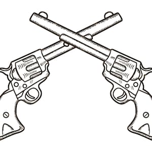 May include: A black and white line drawing of two crossed revolvers.