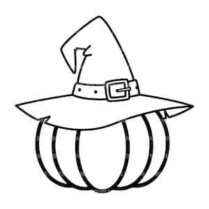 Puede incluir: Un dibujo en blanco y negro de una calabaza con un sombrero de bruja. El sombrero tiene una hebilla y una punta puntiaguda.