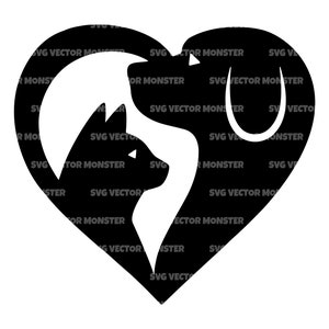 Chat SVG, Chien SVG, Line Art Heart SVG, Pet Lover SVG. Fichier de coupe vectorielle pour Cricut, Silhouette, Png Dxf Png Pdf, Pochoir, Décalcomanie, Autocollant, Épingle