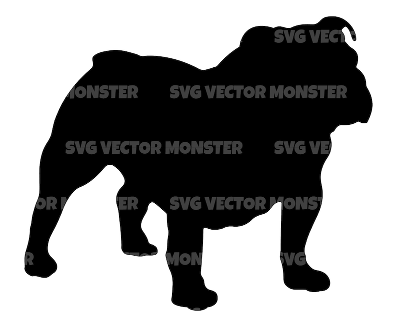 May include: Black silhouette of a bulldog standing with its legs spread apart. The bulldog is facing to the right.