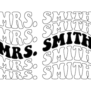 Sra. SVG personalizada, Novia personalizada Svg, Apellido personalizado, Camiseta de esposa de luna de miel, Letras onduladas retro. Archivo de corte vectorial Cricut, Pdf Png Dxf.