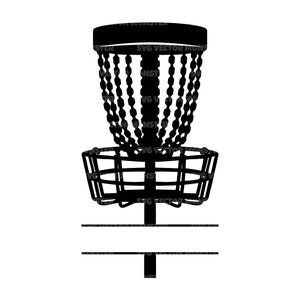 May include: Black silhouette of a disc golf basket with a blank space for personalization below.