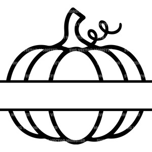 May include: Black and white outline of a pumpkin with a swirl on top. The pumpkin is split in half horizontally with a blank space in the middle.