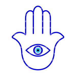 May include: A blue outline of a hand with an evil eye in the center. The eye is blue with a white pupil and a black center.