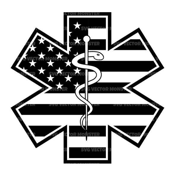 Rod of Asclepius Svg, Star of Life Svg, America Flag Svg, Emergency Medical Symbol. Vector Cut file Cricut, Silhouette, Pdf Png Dxf.