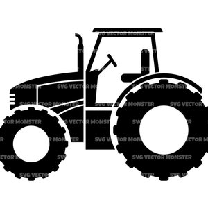May include: A black silhouette of a tractor with a large front tire and a smaller rear tire. The tractor has a cab with a windshield and a steering wheel.