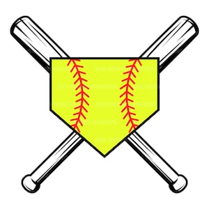 Puede incluir: Un diseño de softbol con un plato de home amarillo con costuras rojas, cruzado con dos bates de béisbol en blanco y negro. El diseño es un gráfico vectorial, ideal para proyectos deportivos.