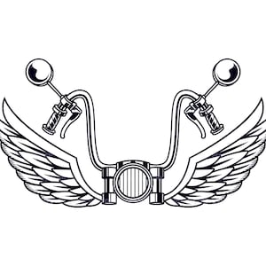May include: Black and white illustration of a motorcycle handlebar with wings. The handlebar has two mirrors and a headlight. The wings are stylized and have a detailed design.