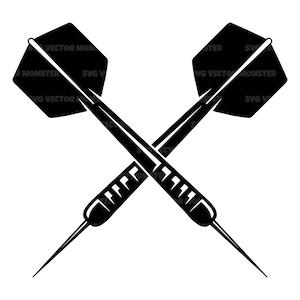 Op de afbeelding: Twee zwarte darts met gevederde veren zijn gekruist in een X-vorm.