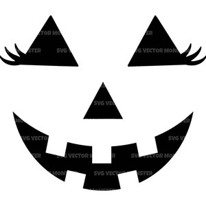 May include: Black and white silhouette of a jack-o'-lantern face with eyelashes, a wide smile, and a triangular nose.