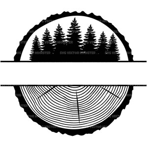 May include: Black and white silhouette of a tree stump with a ring of trees at the top. The tree stump has a wood grain pattern.