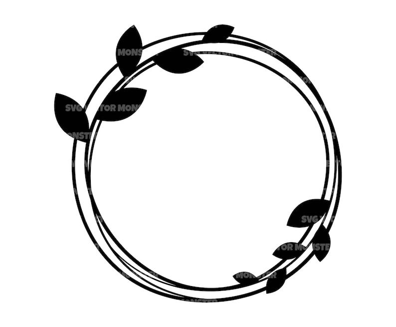 May include: Black and white silhouette of a wreath with leaves. The wreath is made of two circles.