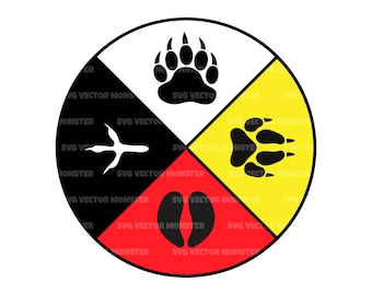 May include: A circular graphic divided into four sections, each with a different color and symbol. The top section is white with a black bear paw print. The right section is yellow with a black paw print. The bottom section is red with a black deer hoof print. The left section is black with a white bird footprint.